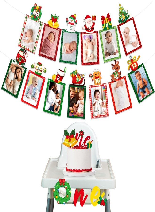 ايباك لافتة صور لتزيين عيد الميلاد الأول من إيباخ، مناسبة للأطفال من حديثي الولادة حتى عمر 12 شهرًا، تتضمن لافتة واحدة وزينة للكيك، بتصميم بابا نويل ورجل الثلج وخبز الزنجبيل، مثالية للأطفال الصغار. زينة عيد ميلاد "ما أجمل أن تكون في عامك الأول!" - Image 1